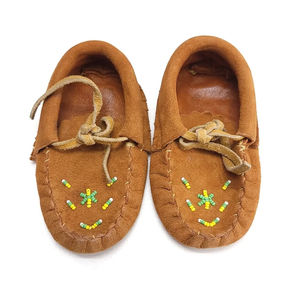 Handmade Beaded Leather Baby Moccasins‎ Brown Suede Soft Sole Infant Shoes 5 In